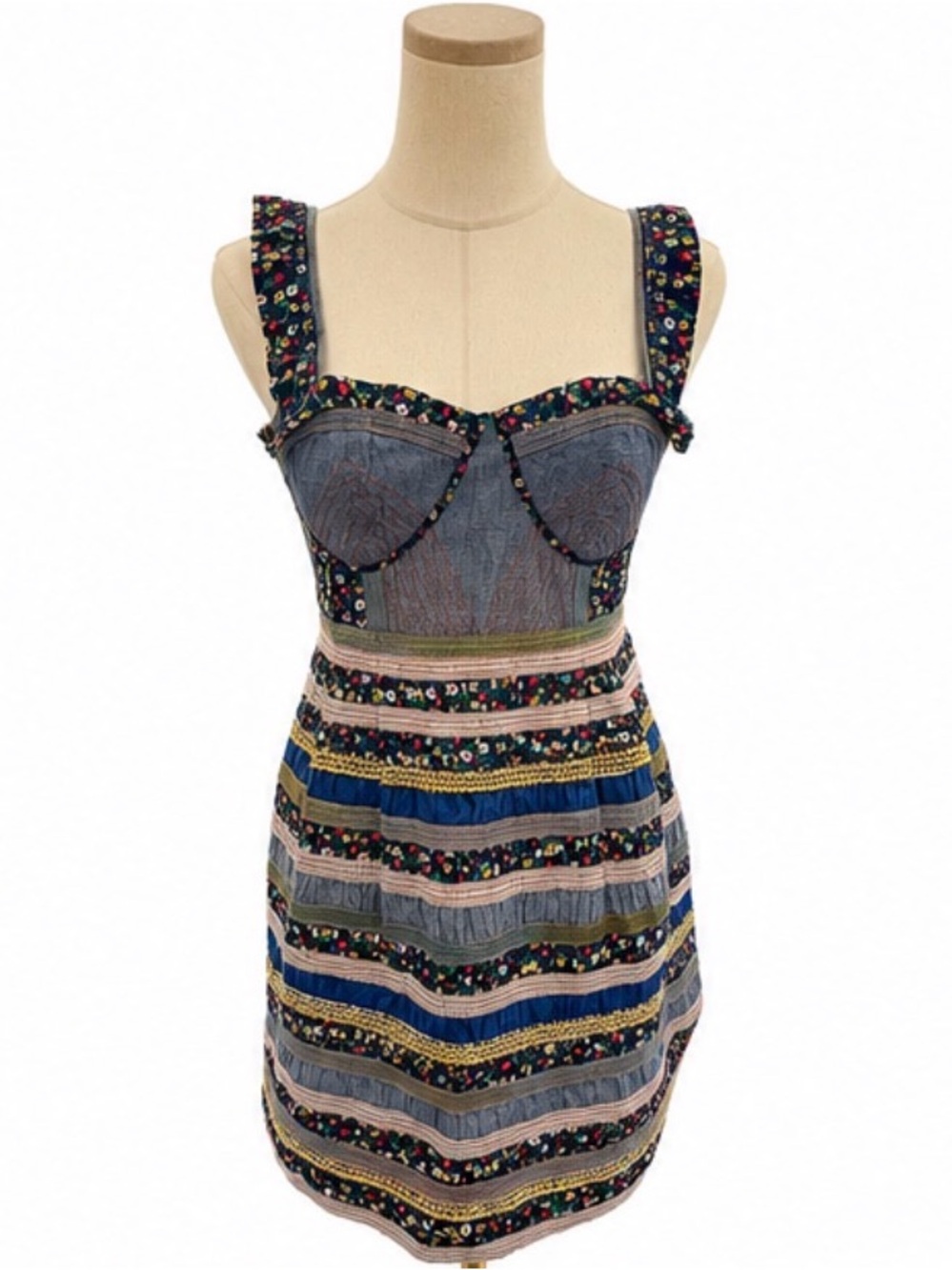 Free People New Romantics Dress Size 6 Blue Floral Patchwork Corset Mini Dress